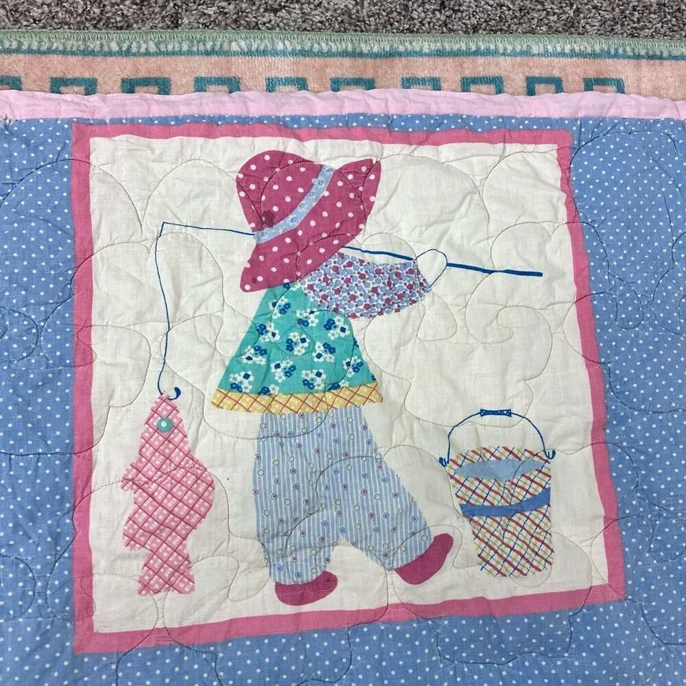 Vintage Sunbonnet Sue Sam Blue Pink Holly Hobby Style Bonnet Throw Quilt 49"x43" - Picture 6 of 15
